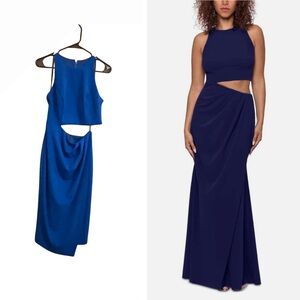 Betsy & Adam Royal Blue Crepe Halter Gown with Side Cutout - Size 4